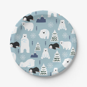 Niedlicher Winterbär und Pinguin Pastel Blue Party Pappteller