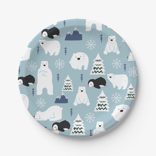 Niedlicher Winterbär und Pinguin Pastel Blue Party Pappteller (Vorderseite)