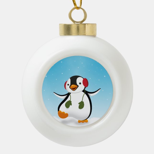 Niedlicher Winterpinguin Keramik Kugel-Ornament (Vorderseite)
