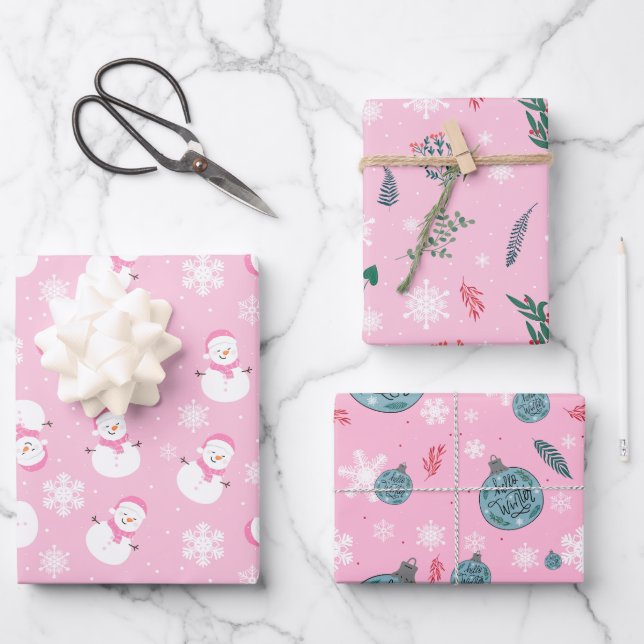 Niedlicher Winterschnee in hellrosa und weiß Geschenkpapier Set (Vorderseite)
