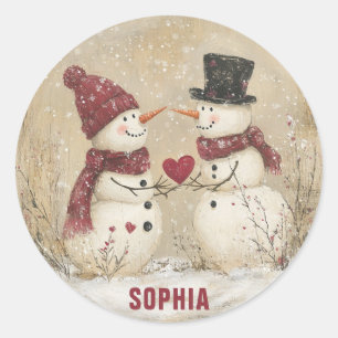 Niedlicher Winterschneemann Name Runder Aufkleber