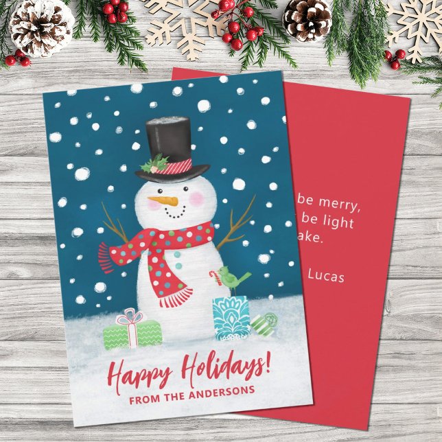 Niedlicher Winterschneemann Weihnachtskarte Feiertagskarte (A cute festive holiday snowman decorates this Christmas card. Personalize it with your name.)