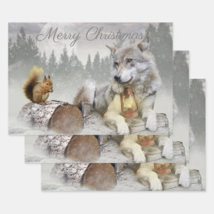 Niedlicher Wolf Eichhörnchen Winterschneewald Weih Geschenkpapier Set