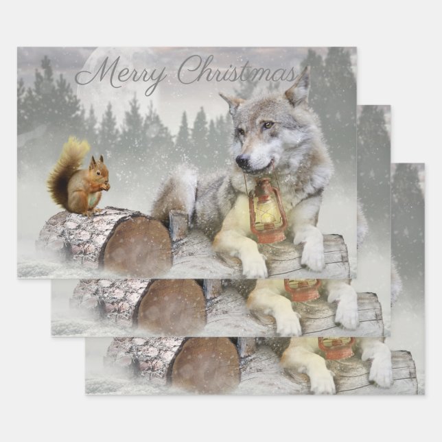 Niedlicher Wolf Eichhörnchen Winterschneewald Weih Geschenkpapier Set (Set)