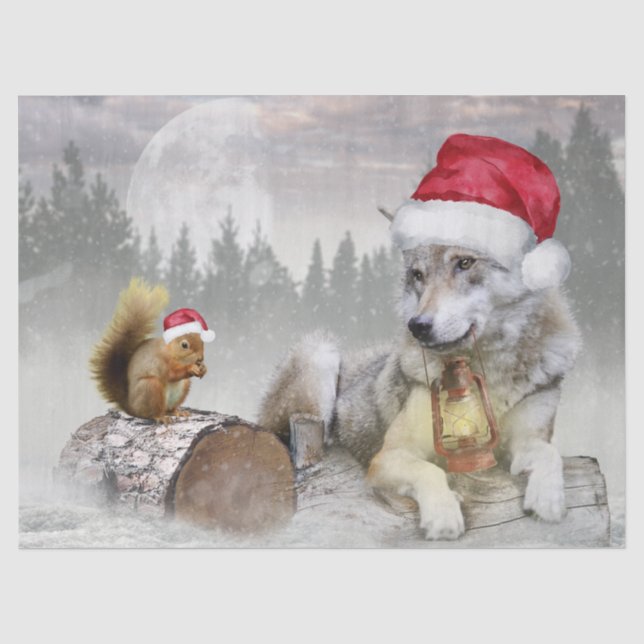 Niedlicher Wolf Eichhörnchen Winterschneewald Weih Seidenpapier (Vorderseite)