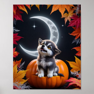 Niedlicher Wolf mit Crescent Moon Nachts Herbst Poster