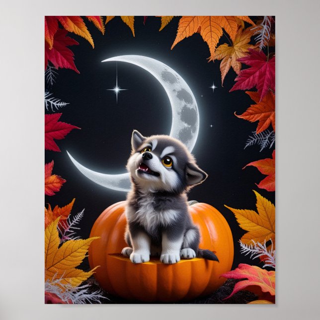 Niedlicher Wolf mit Crescent Moon Nachts Herbst Poster (Vorne)