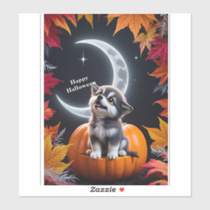 Niedlicher Wolf mit Halbmond Nachts Herbstsonde Aufkleber