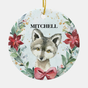 Niedlicher Wolf mit Namen und Jahr für Kinderurla Keramik Ornament