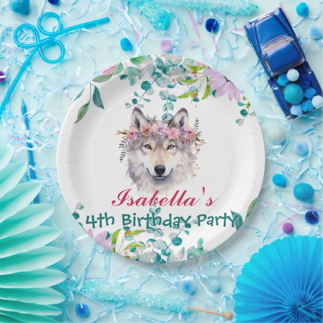Niedlicher Wolf Zoo Tiere Dschungel Floral Geburts Pappteller (Party)