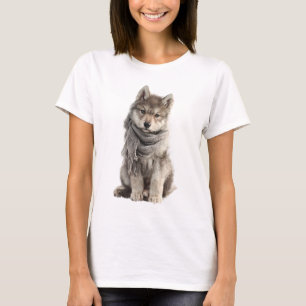 Niedlicher Wolfswelpe in grauem Winterschal T-Shirt