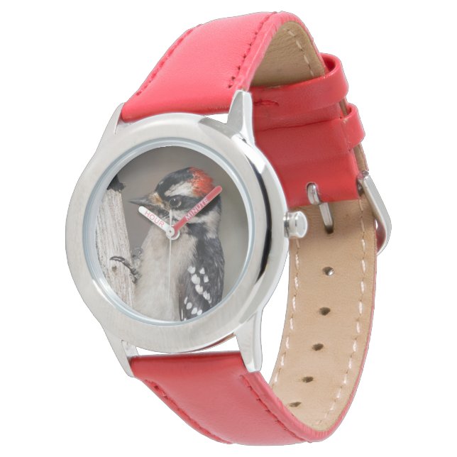 Niedlicher Woodpecker-Vogel auf Zweigstelle Armbanduhr (Schrägansicht)