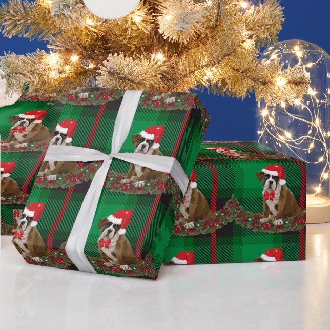 Niedlicher Xmas Hund Hat grünes Kariertes Wrapping Geschenkpapier (Feiertage)