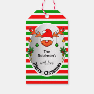 Niedlicher Xmas-Rentier-Spaß Rot und Grüne Streife Geschenkanhänger