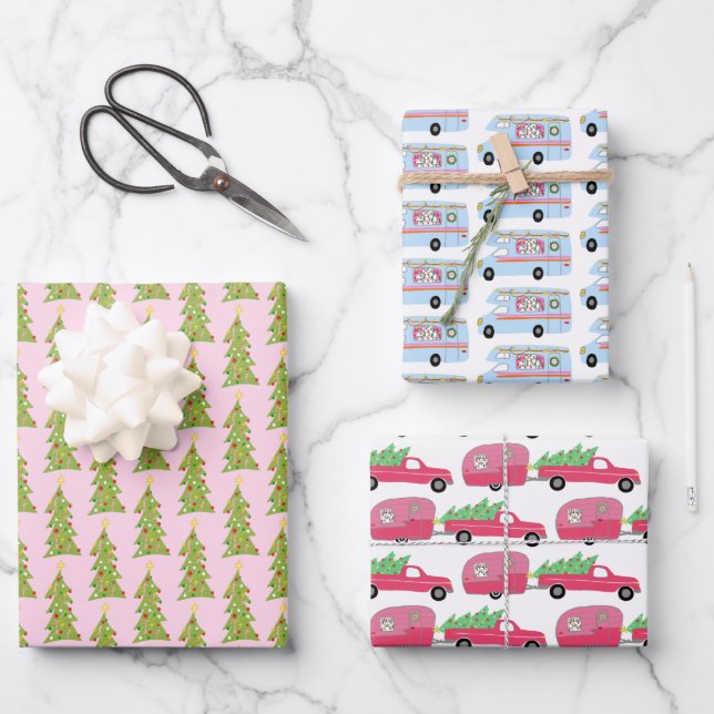 Niedlicher Xmas RV Camper Baum Anhänger Urlaub Ros Geschenkpapier Set (Vorderseite)