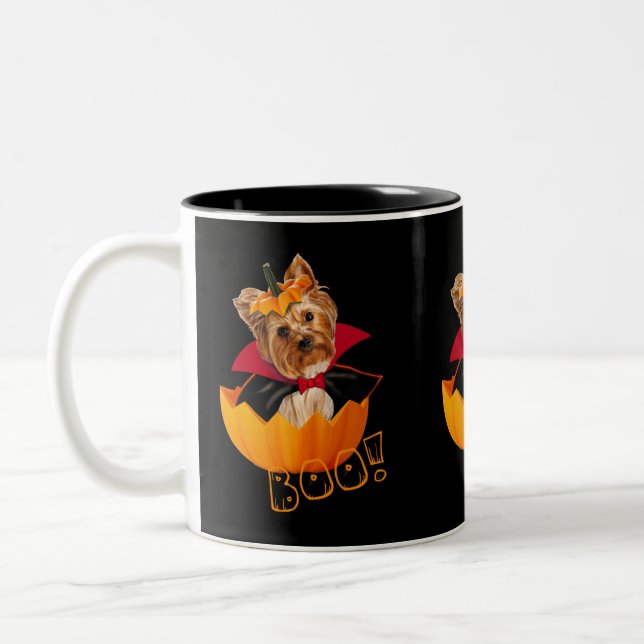 Niedlicher Yorkshire-Hund Halloween-Kürbis Zweifarbige Tasse (Links)