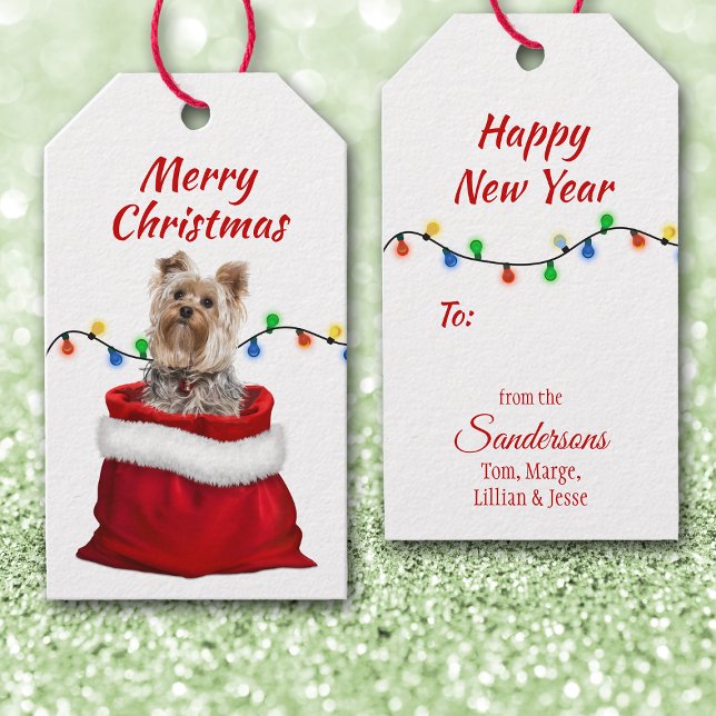 Niedlicher Yorkshire Terrier Dog in Santa Bag Geschenkanhänger (Von Creator hochgeladen)