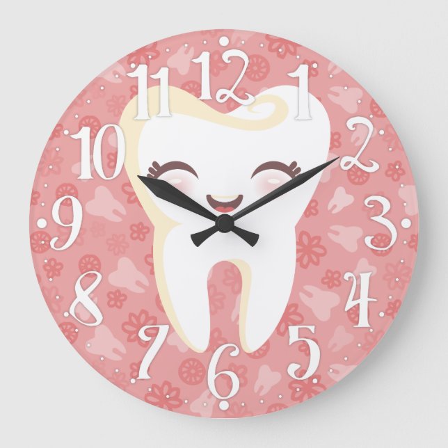 Niedlicher Zahn - rosa Wand-Uhr Große Wanduhr (Vorderseite)