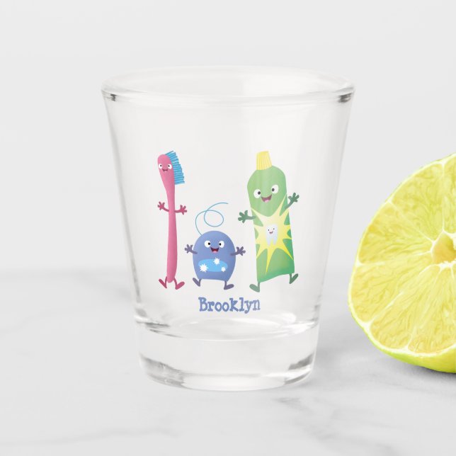 Niedlicher Zahnbürste Zahnpasta-Cartoon Schnapsglas (Vorderseite)
