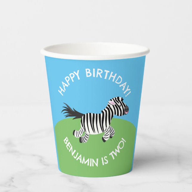 Niedlicher Zebra personalisierter Cartoon Geburtst Pappbecher (Vorderseite)