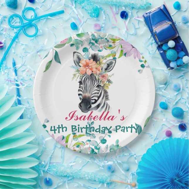 Niedlicher Zebra Zoo Tierdschungel Floral Geburtst Pappteller (Party)