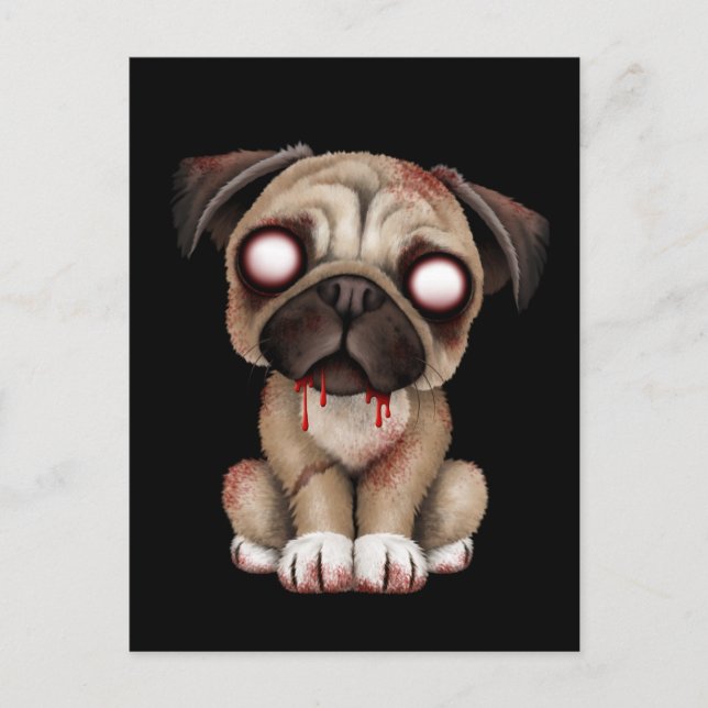 Niedlicher Zombie Mops Welpenhund auf schwarz Postkarte (Vorderseite)