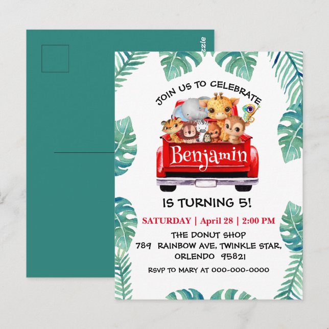 Niedlicher Zoo-Dschungelbaum Traktor Junge Geburts Postkarte (Vorne/Hinten)