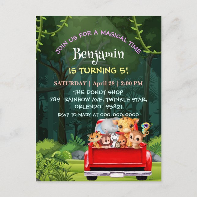 Niedlicher Zoo-Dschungelbaum Traktor Junge Geburts Postkarte (Vorderseite)