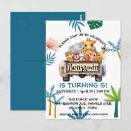 Niedlicher Zoo-Dschungelbaum Traktor Junge Geburts Postkarte