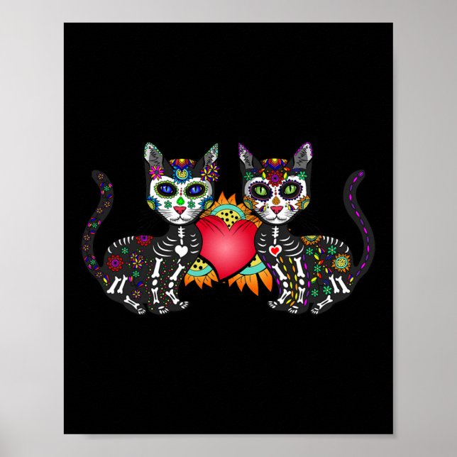 Niedlicher Zuckerkatze Duo Herz Mexican Dia De Los Poster (Vorne)