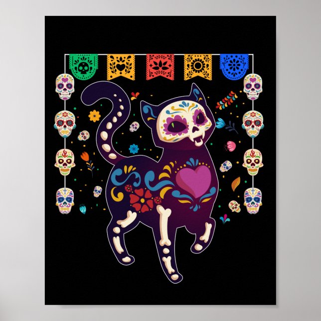 Niedlicher Zuckerschädel mexikanische Katze Hallow Poster (Vorne)