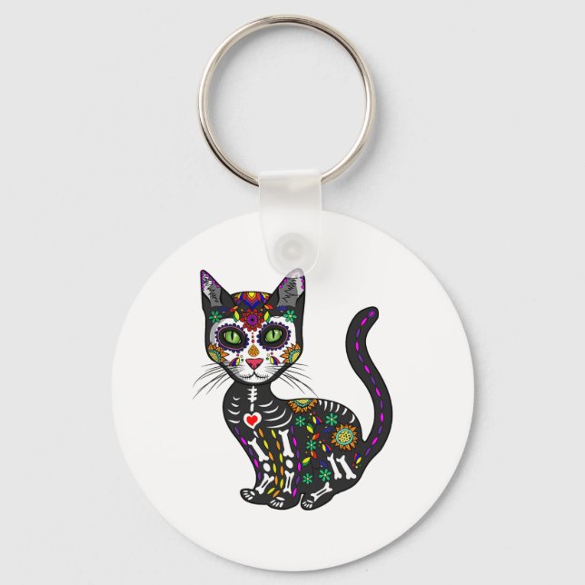 Niedlicher Zuckerschädel mexikanische Katze Hallow Schlüsselanhänger (Vorderseite)