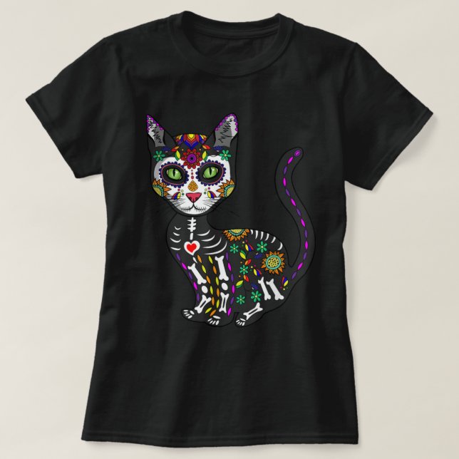 Niedlicher Zuckerschädel mexikanische Katze Hallow T-Shirt (Design vorne)