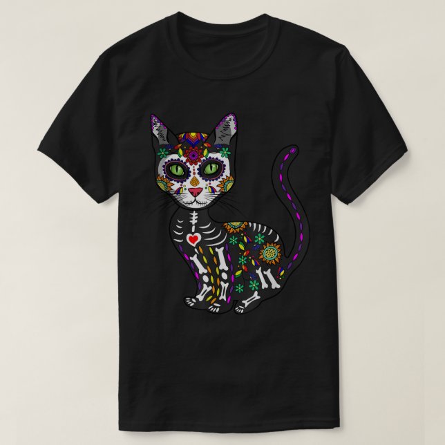 Niedlicher Zuckerschädel mexikanische Katze Hallow T-Shirt (Design vorne)