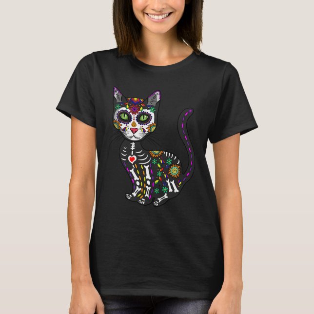 Niedlicher Zuckerschädel mexikanische Katze Hallow T-Shirt (Vorderseite)