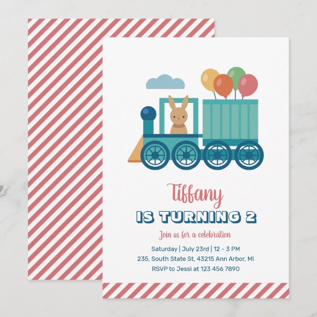 Niedlicher Zug Bunny und Ballon Kindergeburtstag Einladung (Vorne/Hinten)