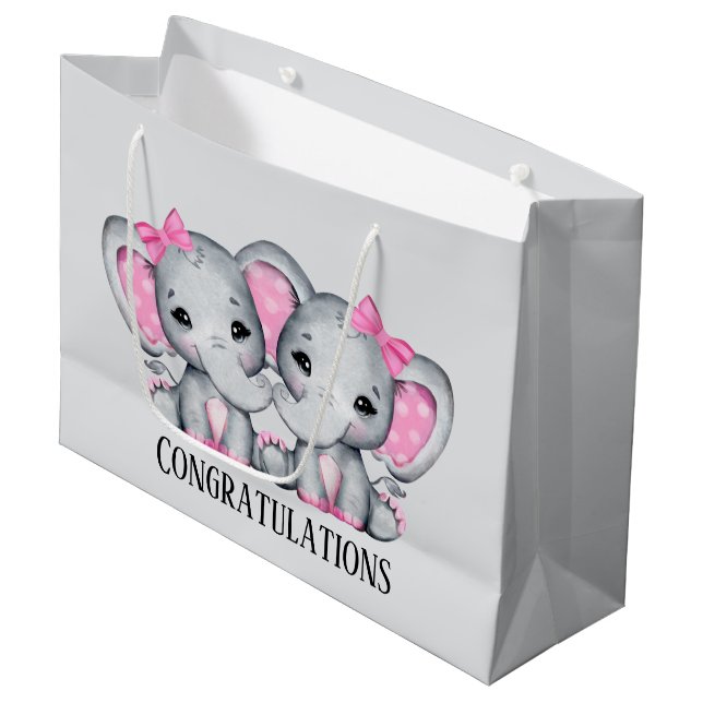 niedlicher Zwillingsmädchen-Elefant Große Geschenktüte (Vorderseite Schrägansicht)