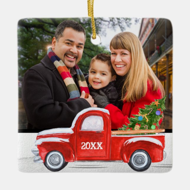 Niedliches 2-seitiges Foto Roter Lkw Weihnachten Keramikornament (Vorderseite)