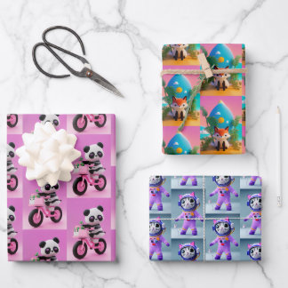 Niedliches 3D-Wrapping-Papier-Flachblatt-Set von 3 Geschenkpapier Set