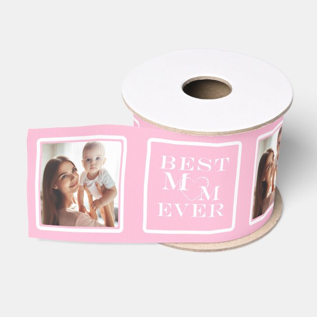 Niedliches 4-Foto "Best Mama Ever" Herzrosa Weiß Ripsband (Spule)