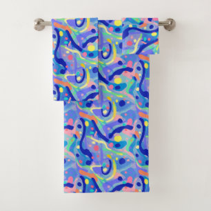 Niedliches Abstraktes blaues Pastell Neon Wiederho Badhandtuch Set