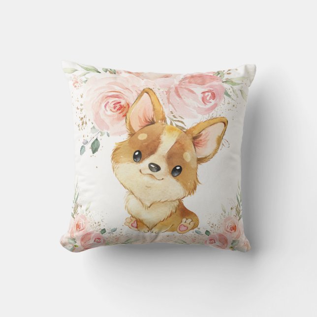 Niedliches Adorable Corgi Hund Rosa Blütenmädchen Kissen (Vorderseite)