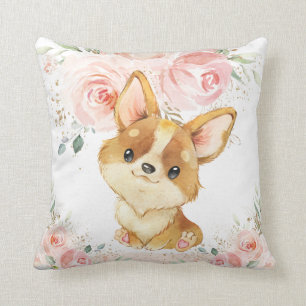 Niedliches Adorable Corgi Hund Rosa Blütenmädchen Kissen