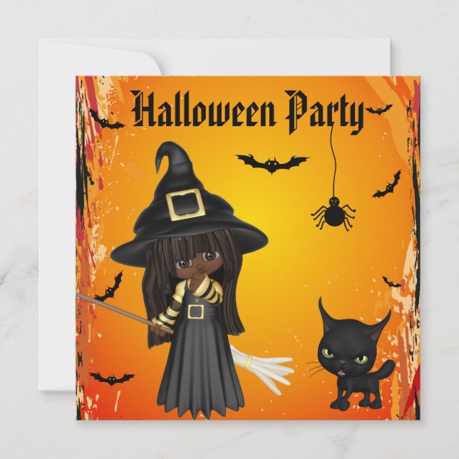 Niedliches African American Hexe & Cat Halloween-P Einladung (Vorderseite)