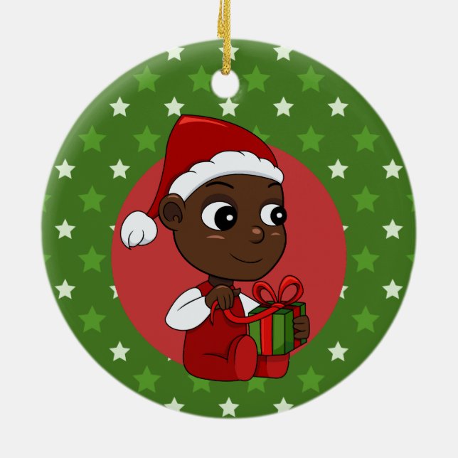 Niedliches afroamerikanisches Baby mit Weihnachtsm Keramik Ornament (Hinten)
