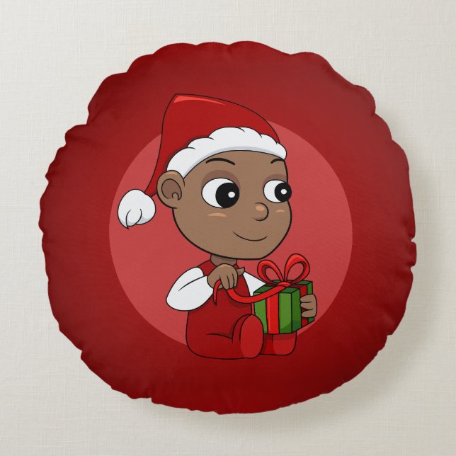 Niedliches Afroamerikanisches Baby mit Weihnachtsm Rundes Kissen (Vorderseite)