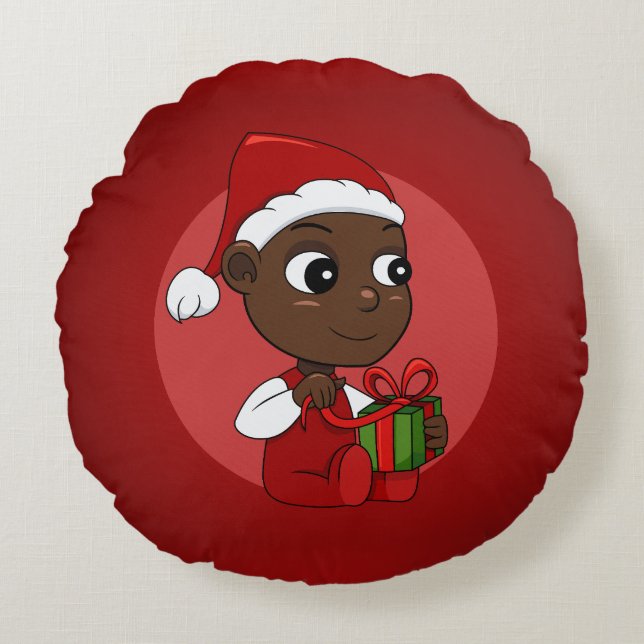 Niedliches afroamerikanisches Baby mit Weihnachtsm Rundes Kissen (Vorderseite)