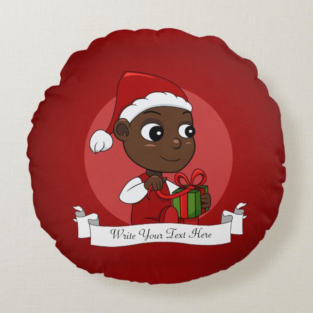 Niedliches afroamerikanisches Baby mit Weihnachtsm Rundes Kissen (Vorderseite)