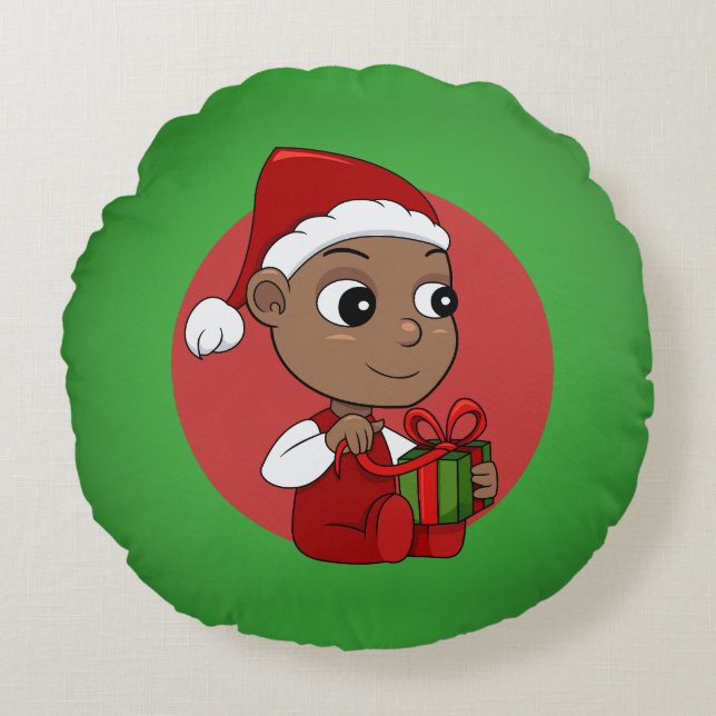 Niedliches Afroamerikanisches Baby mit Weihnachtsm Rundes Kissen (Vorderseite)