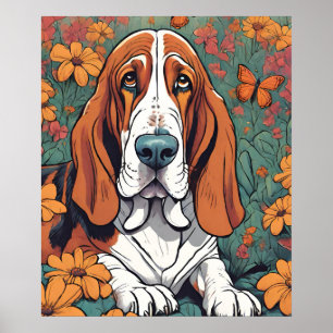 Niedliches Ai Basset Hound und Schmetterling in Bl Poster